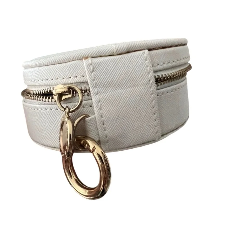 Pandora Small Round Travel Jewelry Case White Saffiano Gold Zip Organizer